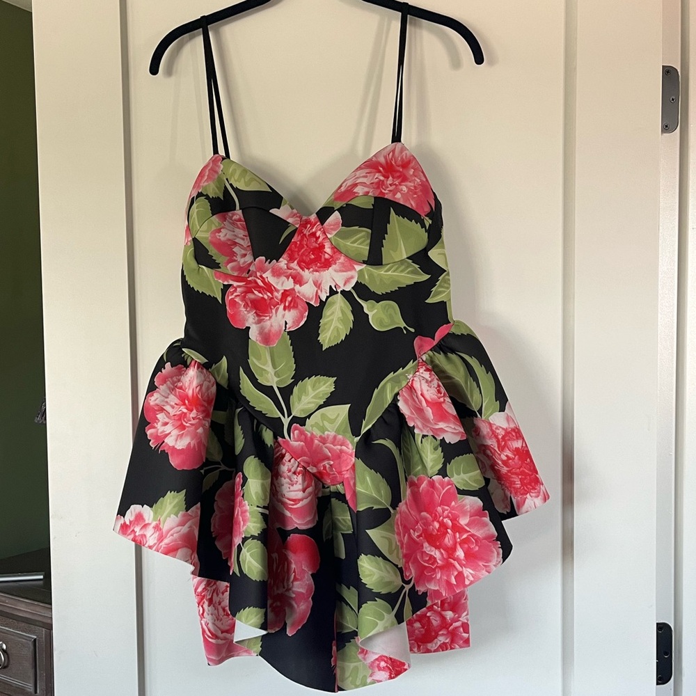 ASOS Black Floral Peplum Mini Dress with Pink & Green Blooms